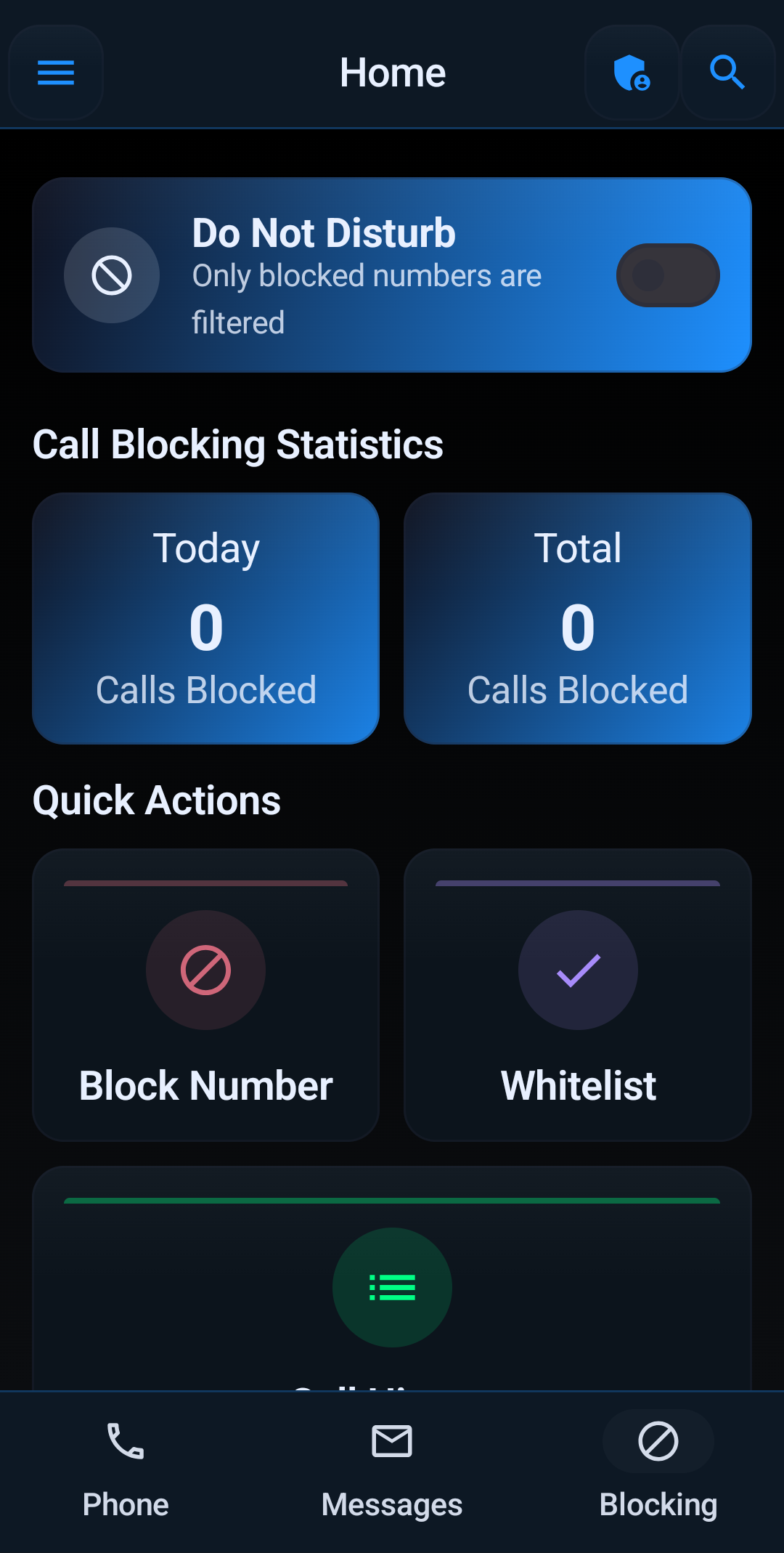 Block Guard: Spam Call Blocker dashboard on Android after setup, showing blocked call statistics and quick actions